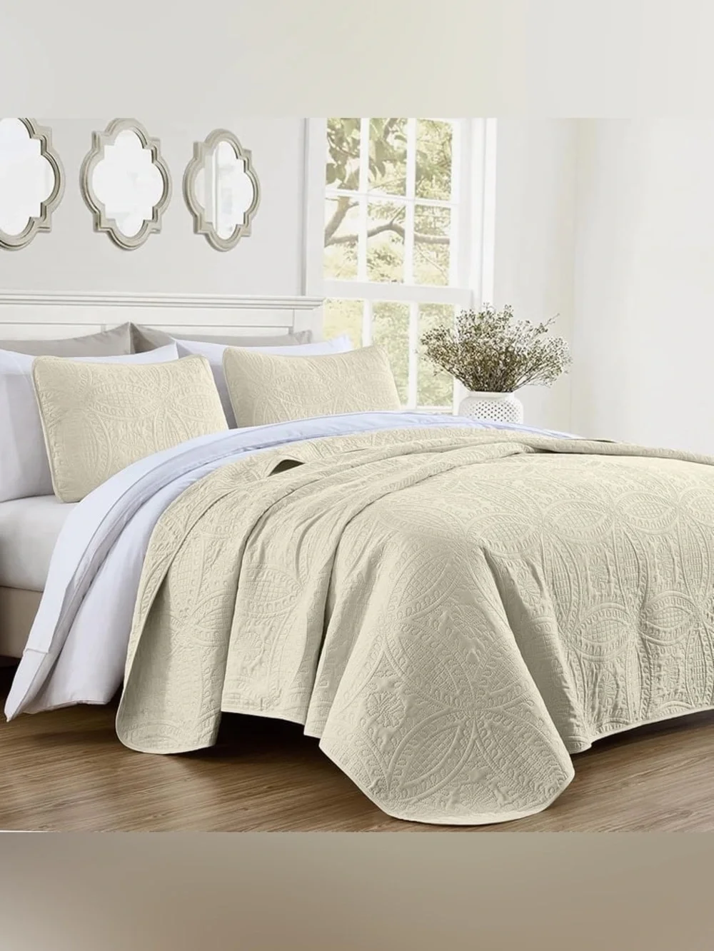 Ivory queen 3 piece Quilted Bedspread Set - Elegant Coverlet